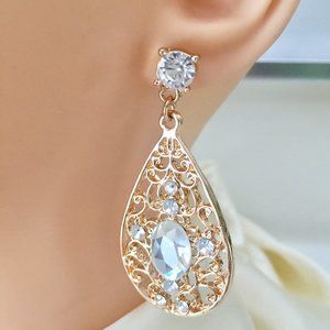 Gold Teardrop Antique Detail Rhinestone Earrings - Fashion Jewelry